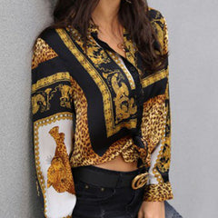 Elegant Print Loose Crop Shirt Ladies Button Down Shirt