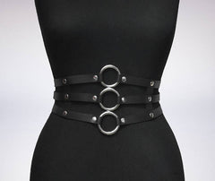 Women Black Leather Waist Belts Sexy Body Harness 3 Layer PU Metal Hoop Patchwork Rivet Belt for Lady