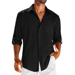 Casual Long Sleeve Shirt With Pocket Lace Polo Collar Solid Color Button Mens Clothing