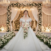 Bride in a white wedding dress holding a bouquet in a decorated wedding setting with chandeliers and floral arrangements.