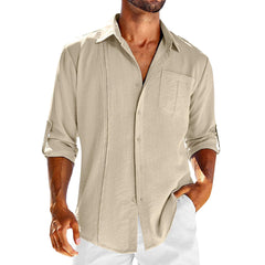 Casual Long Sleeve Shirt With Pocket Lace Polo Collar Solid Color Button Mens Clothing