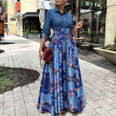 Casual Denim Stitching Printing Long Dress