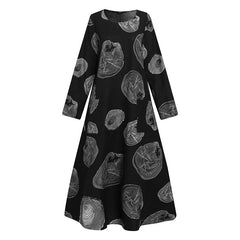 Casual Retro Dress in Cotton and Linen with Geometric Print - Asian Sizes Available - Check Size Chart Before Purchase