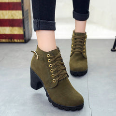 Solid color women's leather boots lace up boots