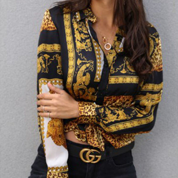 Elegant Print Loose Crop Shirt Ladies Button Down Shirt