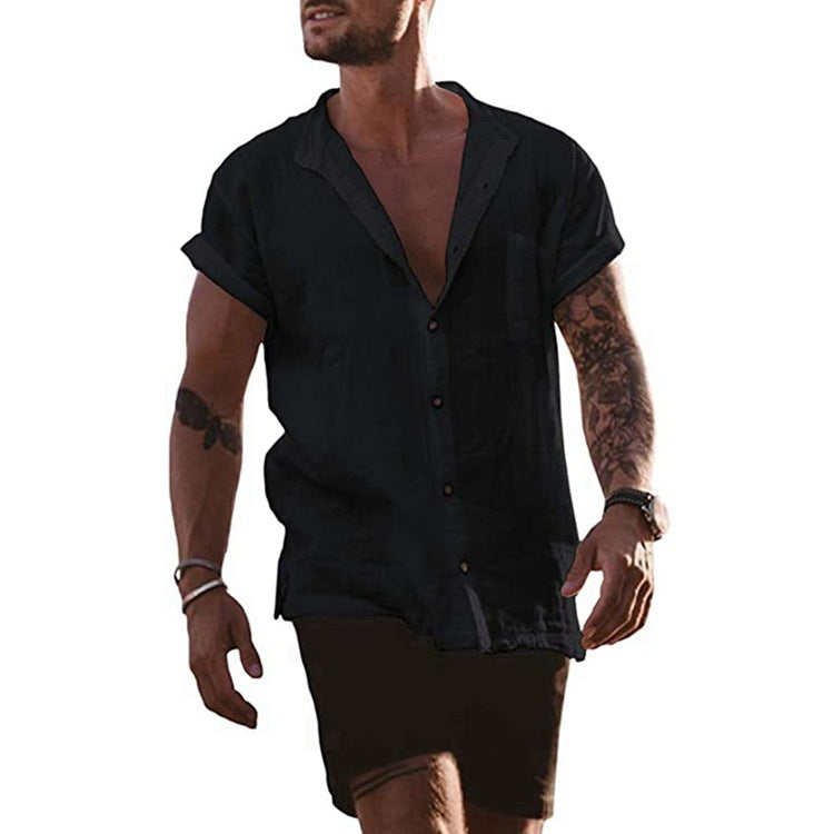 Summer Short Sleeve Shirts Loose-Fitting Button V-neck Tops Men'S Clothing