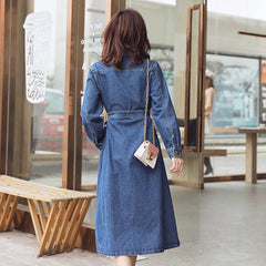Denim Dress Women Korean Style Loose Waist Bow Tie Denim Trench Coat