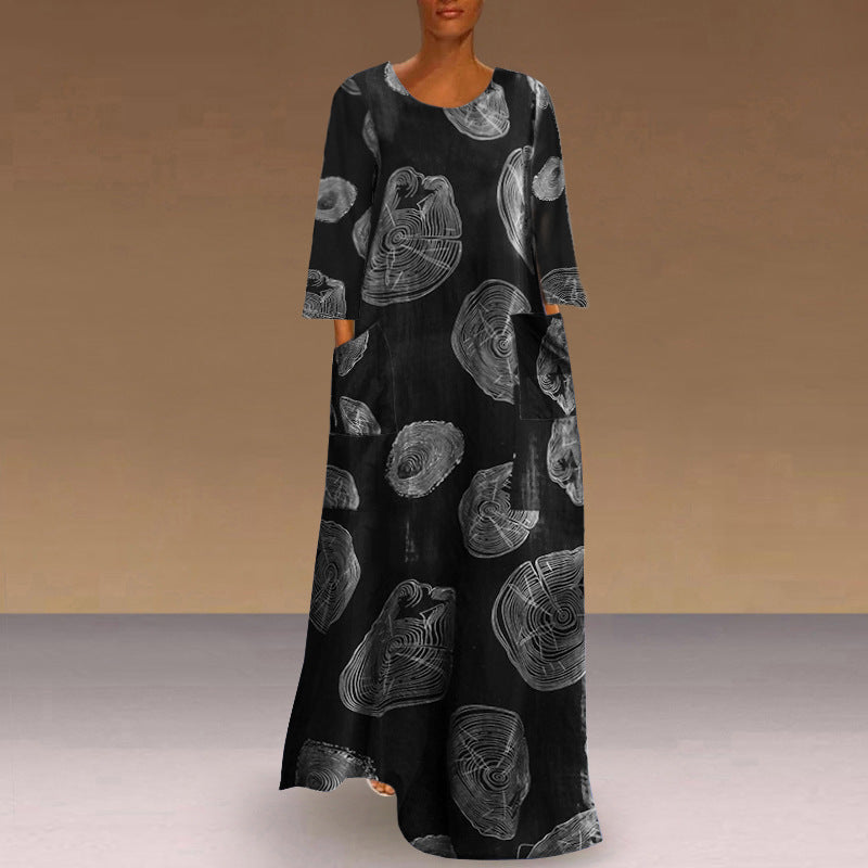 Casual Retro Dress in Cotton and Linen with Geometric Print - Asian Sizes Available - Check Size Chart Before Purchase