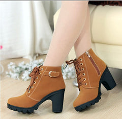 Solid color women's leather boots lace up boots