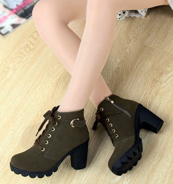 Solid color women's leather boots lace up boots