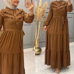 New Muslim Robe Solid Color With Belt Fashion Casual Dress