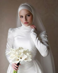 Luxury Muslim High Neck Satin Wedding Dress - Elegant Long Sleeve Mermaid Bridal Gown with Customized Fit