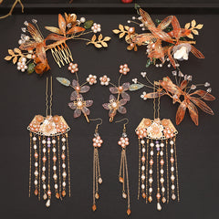 Classical Red Flower Liquid Ancient Style Headdress Fringed Hair Crown Bridal Hair Accessories