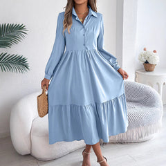 Women's Lapel Casual Loose Long Sleeve Ruffled Shirt Dresses Long Sleeved Turn-down Collar Single-Breasted Dress Spring Autumn Fashion Women's Clothing For Vacation