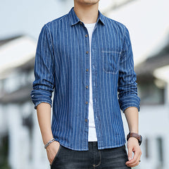Men's Denim Cotton Shirt Washed Striped Slim Fit