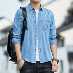 Men's Denim Cotton Shirt Washed Striped Slim Fit