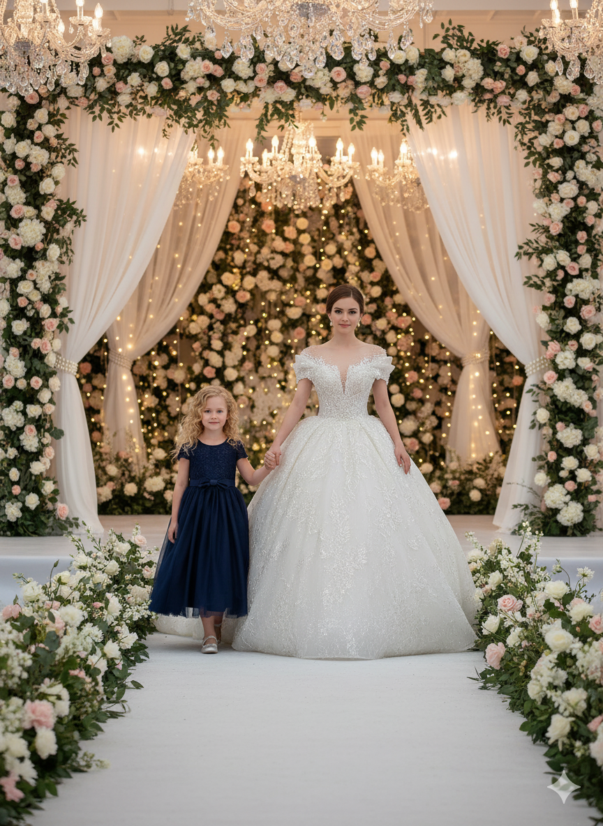 Woman in a wedding dress and a young girl in a navy dress standing under a floral archway with chandeliers.