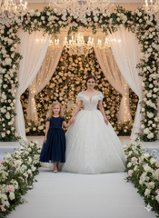 Woman in a wedding dress and a young girl in a navy dress standing under a floral archway with chandeliers.