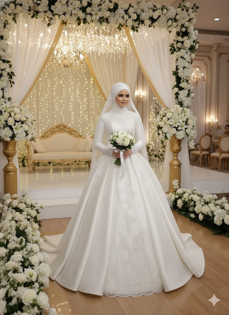 Woman in a white wedding dress holding flowers in a decorated indoor setting with floral arrangements and a chandelier.