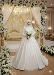 Woman in a white wedding dress holding flowers in a decorated indoor setting with floral arrangements and a chandelier.