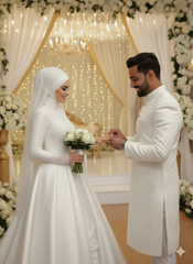 Man and woman in formal attire standing under a decorated arch with lights and flowers.