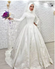 Church Wedding Dresses High Neck Long Sleeve for Muslim Bride with Beading Appliques A-Line Sweep Train Bridal Gowns Customized