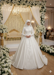 Woman in a white wedding dress standing in a decorated indoor setting with floral arrangements and a chandelier.