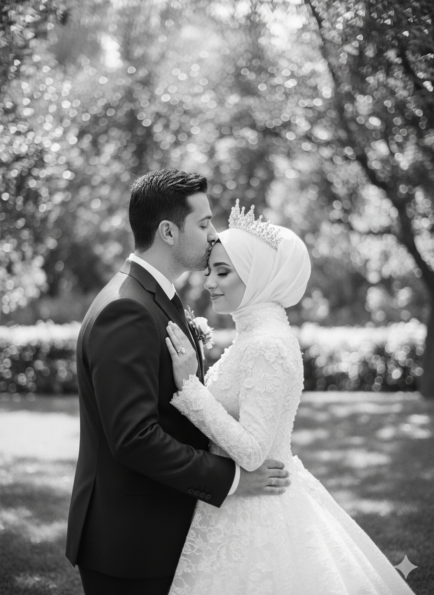 Black and white photo of a couple in wedding attire embracing outdoors.