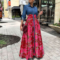 Casual Denim Stitching Printing Long Dress