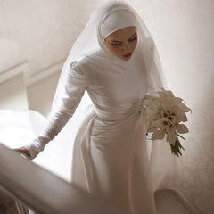Luxury Muslim High Neck Satin Wedding Dress - Elegant Long Sleeve Mermaid Bridal Gown with Customized Fit