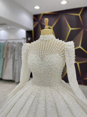 Luxury Custom White Pearl Wedding Ball Gown – High Neck, Long Sleeves, Sparkling Beaded & Sequined Bridal Dress