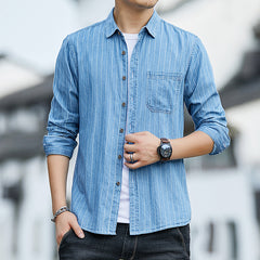 Men's Denim Cotton Shirt Washed Striped Slim Fit