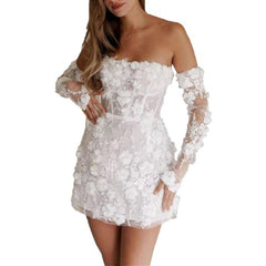 Wedding Off-shoulder Long Sleeve A- Line Banquet Party Dress