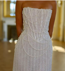 Custom Made Pearl Beaded Mini Dress | Short Strapless Corset Formal Gown & Wedding After Party Dress